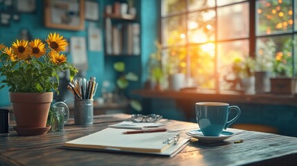 Cozy workspace with sunflowers, stationery, and a steaming cup of coffee at sunset