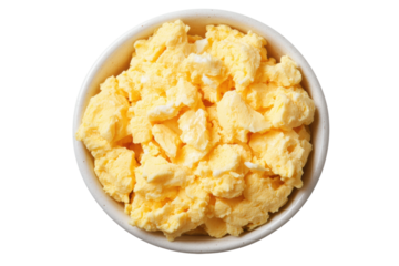 Bowl of freshly scrambled eggs with creamy texture, cut out
