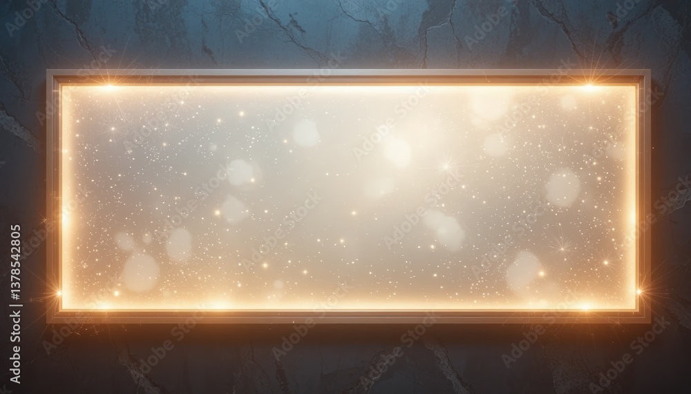 Poster illuminated frame displaying sparkling background studio setting digital artwork modern environment 