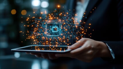 Close-up of a professional business person in a suit holding a tablet with a glowing holographic microchip and dynamic data streams visualization