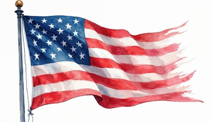 Obraz premium Watercolor illustration American flag waving in wind. Red, white, blue patriotic symbol. National symbol stars, stripes. United States of America, USA Independence Day background, freedom. Patriotic