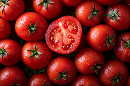 Ripe red tomatoes with water droplets, featuring a halved tomato showcasing seeds and juicy texture
