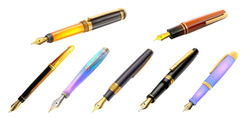 A collection of elegant fountain pens arranged on a white background, showcasing craftsmanship and design.