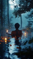 A Serene Floating Candlelit Massage Sanctuary: A Woman's Relaxing Ritual in a Mystical Forest Pool, Illuminated by Warm Light and Petal-Strewn Waters