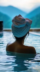 Serene Moment of Relaxation: A Woman Contemplates Mountain Views from an Infinity Edge Hot Spring at a Luxurious Japanese Ryokan