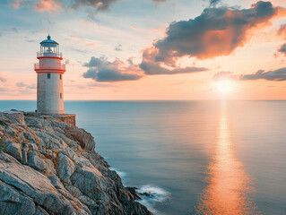 Obraz premium A photo of a lighthouse standing on a rocky cliff, overlooking a calm pastel-colored ocean during sunset, soft golden light, dramatic clouds in the sky