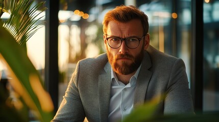 A business meeting scene with a bearded man wearing glasses and a gray suit sitting at a wooden table.