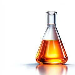 Laboratory flask with amber liquid on a minimalist background.