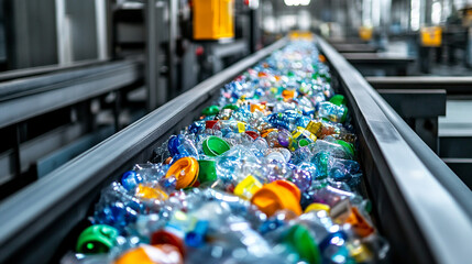 Conveyor belt filled with colorful plastic bottles in recycling facility during daytime operation