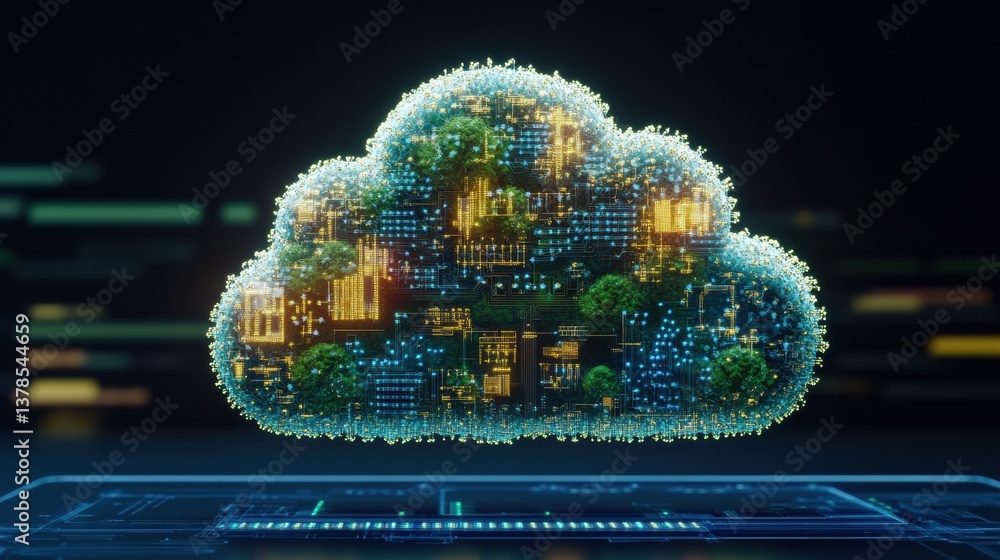 Aufkleber a stylized 3d rende of a glowing cloud made of circuit boards and miniature trees above a futuristic