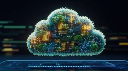 A stylized 3D rende of a glowing cloud made of circuit boards and miniature trees above a futuristic digital interface in soft and warm light