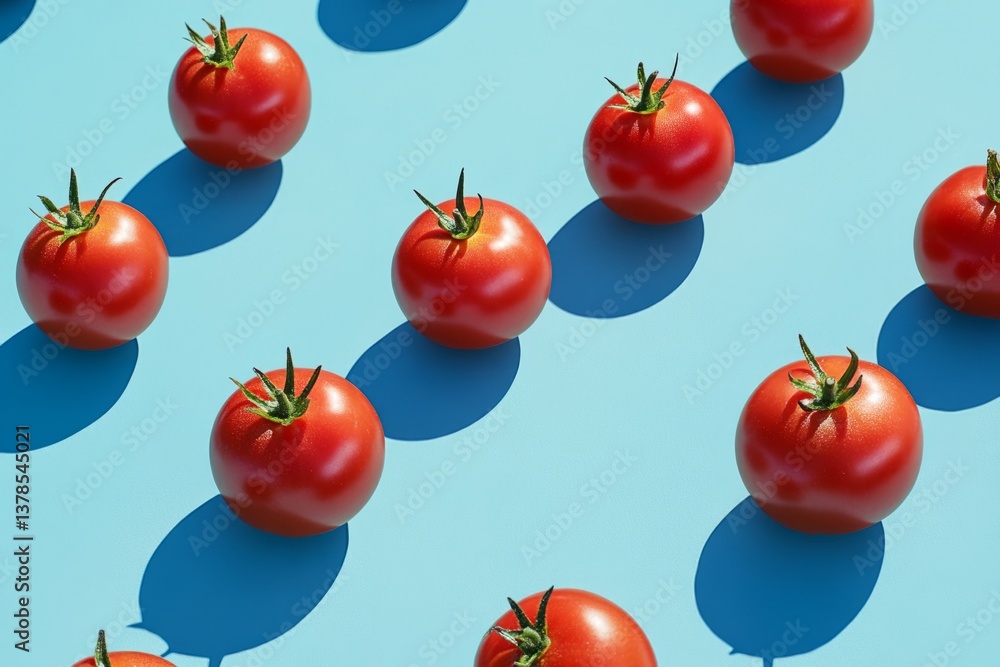 Poster fresh tomatoes with green stems are creating a diagonal pattern on a vibrant blue backdrop, casting 