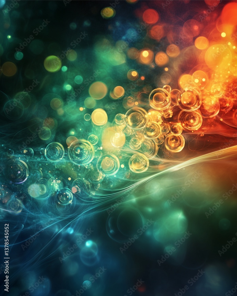 Poster chromatic bubble symphony: an abstract digital artwork featuring a vibrant arrangement of glowing bu