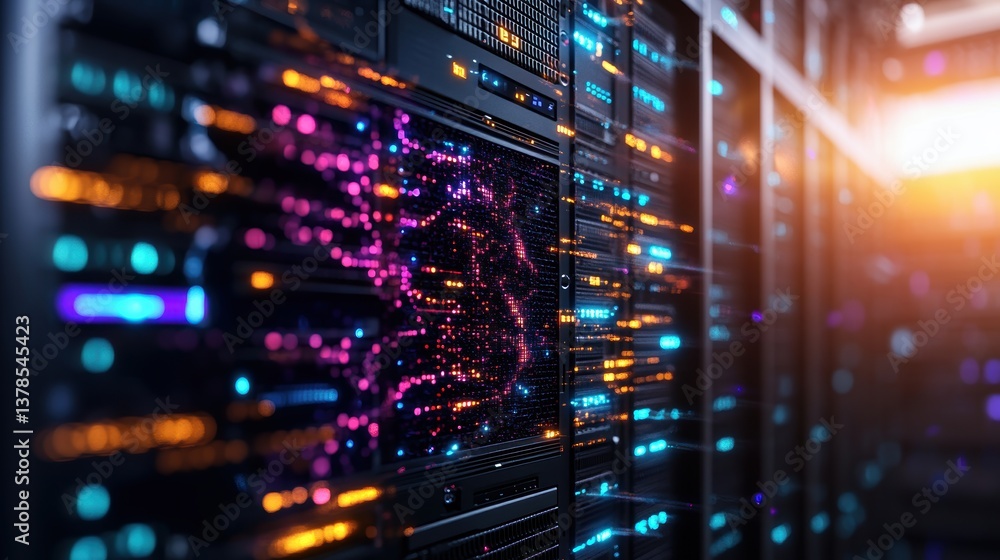 Poster vibrant close-up of a server rack with dynamic light streaks in pink, orange, and blue representing 