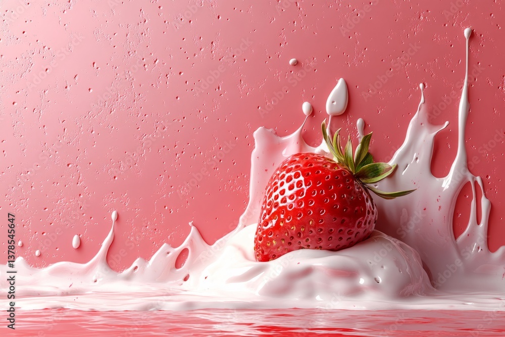 Poster fresh strawberry splashing into creamy yogurt, creating a dynamic visual on a vibrant pink backgroun