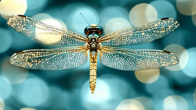 A vibrant, digitally-enhanced dragonfly with shimmering turquoise and gold wings, set against a teal bokeh background