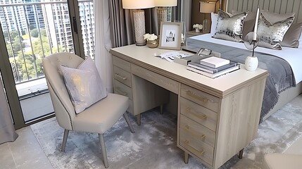 A modern bedroom features desk and chair near a window