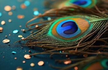 Colorful peacock feather on dark background with confetti. Vibrant details, rich pattern, exotic beauty. Decorative design. Luxurious, elegant art. Perfect for wallpapers and festive projects.