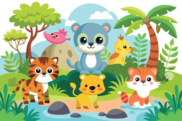 Fototapeta premium Cute Cartoon Jungle Animals with Tiger, Bear, Lion, Duck and Bird