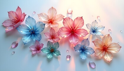A collection of delicate, translucent flowers in various pastel hues is scattered across a soft, light surface, accompanied by small, clear droplets.