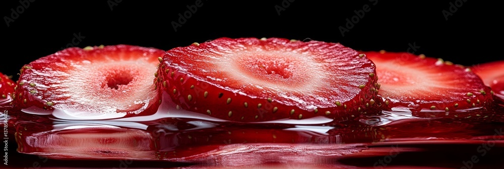 Poster fresh sliced strawberries floating on red liquid creating a vibrant and refreshing image
