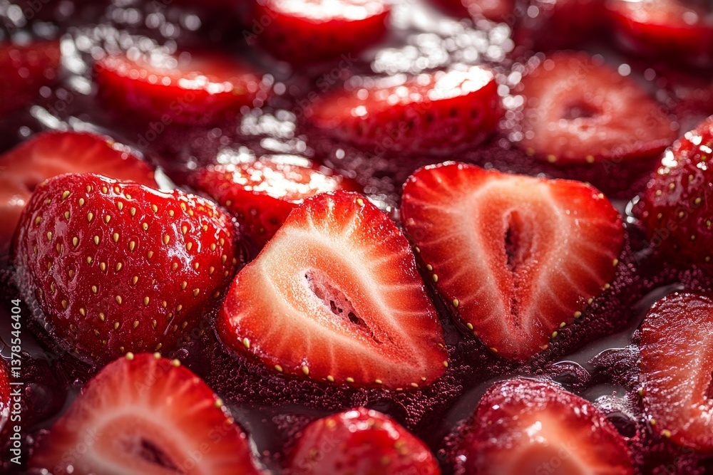 Poster fresh strawberries are sliced and immersed in a vibrant red liquid, creating a refreshing and visual