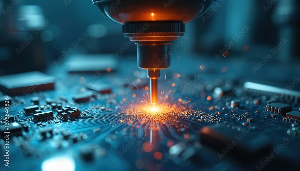 Poster robotic arm precisely drills circuit board. sparks flying. microchips, advanced tech, innovative pro