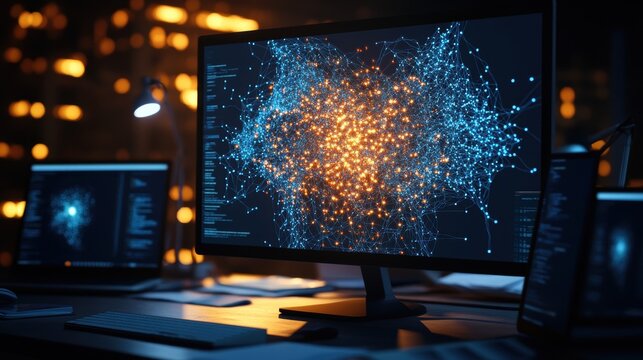 Close-up shot of a computer monitor showing a complex network visualization with glowing nodes and lines in a dimly lit workspace setting.