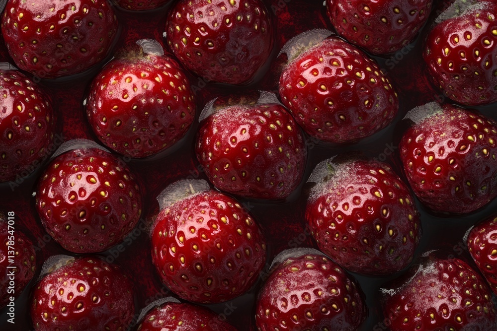 Poster ripe strawberries floating in a red liquid, creating a vibrant and textured pattern, ideal for food 