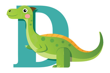 Fototapeta premium Cute Green Dinosaur Character with Letter D Teal on White Background