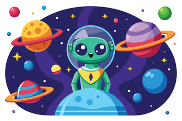 Naklejka premium Cute Green Alien in Space Helmet on Planet with Colorful Planets and Stars