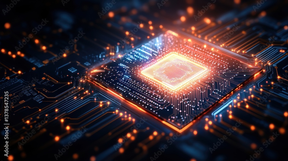 Poster close-up view of a glowing computer processor chip with orange and blue light integrated into a deta