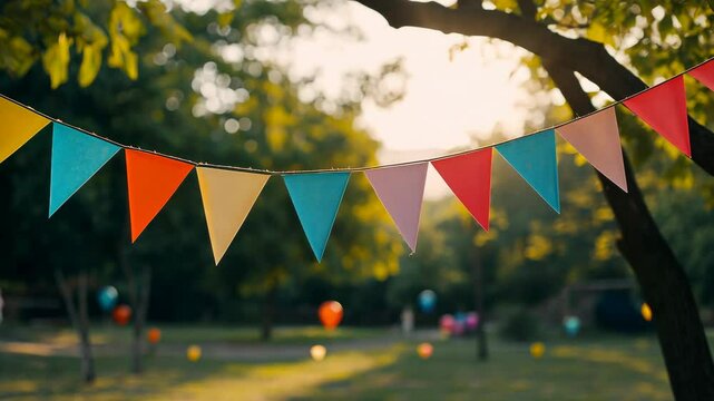 Colorful triangular flags strung outdoors, festive atmosphere
