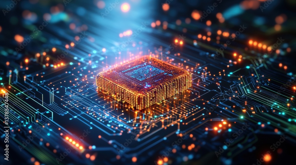 Poster close-up of a glowing central processing unit cpu on a complex illuminated circuit board showcasing 