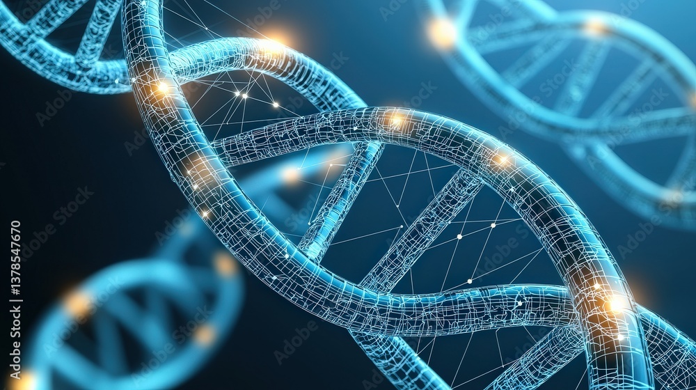 Poster a digital representation of a dna double helix, highlighting its intricate structure with glowing el