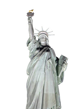 Fototapeta statue of liberty close up on a white background (lady with torch crown toga book) symbol of freedom democracy usa united states of america nyc landmark