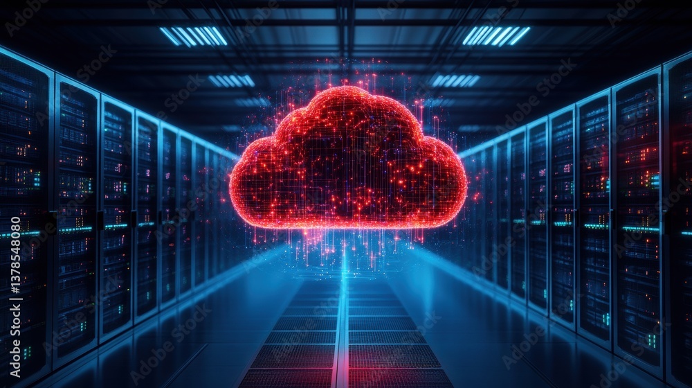 Poster futuristic server room illuminated by blue lights showcasing a glowing red cloud of data points floa