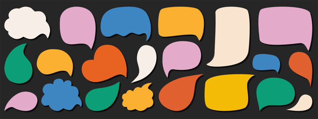 Speech bubbles collection on dark background. Speech bubbles set in retro style. Colorful speech balloon pop art icon pack. Quote color frames blank template collection. Vector abstract shape stickers