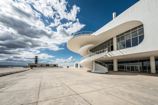 A striking modern building with a graceful curved staircase, bathed in bright sunlight against a vibrant blue sky and fluffy white clouds, showcasing sleek architectural design.