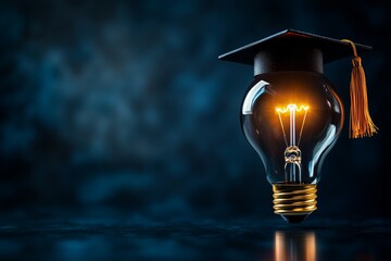 Glowing light bulb with a graduation cap on a dark blue background, symbolizing education, learning, and ideas.