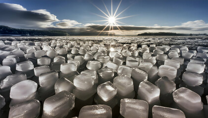 Bright ice cubes wallpaper, top view, nature concept; environmental protection.