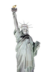 statue of liberty close up on a white background (lady with torch crown toga book) symbol of freedom democracy usa united states of america nyc landmark