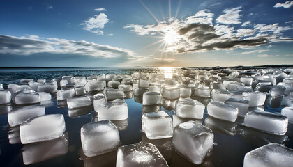 Bright ice cubes wallpaper, top view, nature concept; environmental protection.