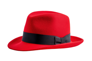 Vibrant red fedora hat with classic black ribbon on black background, cut out