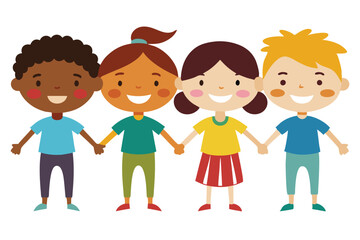 Diverse Children Holding Hands Smiling on White Background