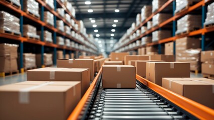 Fototapeta premium Packages in motion on a warehouse conveyor belt