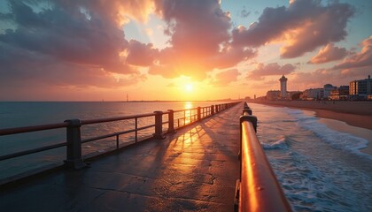 Obraz premium Brighton pier at sunset with scenic coastal view, ocean horizon. Beach promenade, colorful sky, sea waves. Buildings in background, holidaymakers on shore enjoy evening leisure time. Romantic