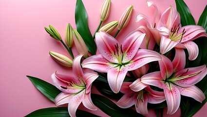 Fototapeta premium Pink lilies on soft pink background signifying elegance