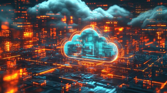 A digital illustration featuring a neon-lit cityscape with glowing lines forming a grid pattern.