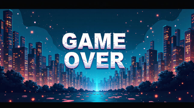 "Game Over" text with a neon city skyline background at night.